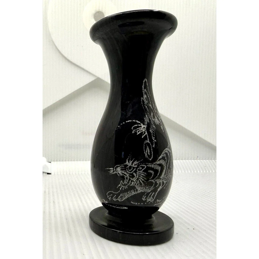 Black Marble Or Onyx Vase 5” Hand-Etched Tiger Vintage